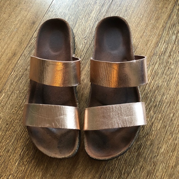 Italian made rose gold leather and cork strappy sandals/slides - Picture 2 of 6